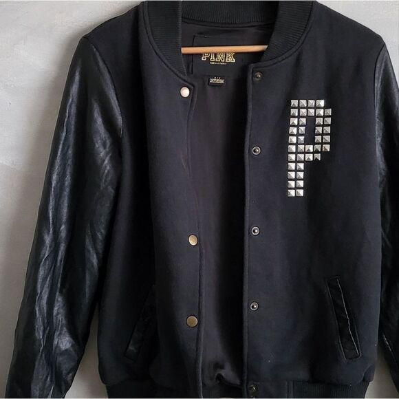 Victoria's Secret PINK Black Varsity Jacet Silver Stud Faux Leather Sleeve Sz S - Picture 4 of 13